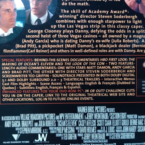 OCEAN'S ELEVEN MOVIE ON DVD GEORGE CLOONEY/BRAD PITT/MATT DAMON SPECIAL FEATURES - Picture 6 of 9
